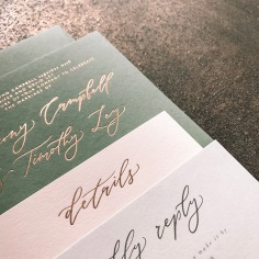 BRIONY & TIMOTHY / rose gold on green, rose gold on pale pink and charcoal on grey